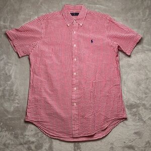 Ralph Lauren Shirt Mens M Red Gingham Check Seersucker Short Sleeve Preppy